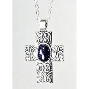 Handmade Ornate Cross Pendant Necklace Blue Sunstone Oval Gemstone Cabochon